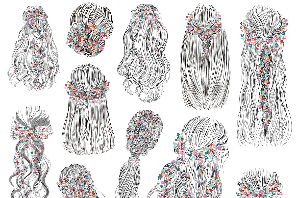 Line art hair styles with flowers, a Person Illustration by esylvia (Photo 2 of 7)
