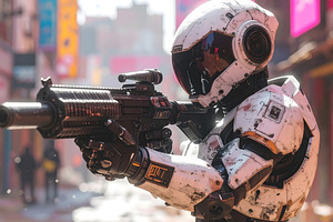 Police robot patrolling street with futuristic weapon in hands, an Industrial Photo by GoodGoods