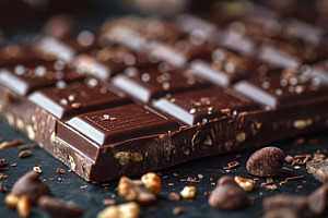 Rich, dark chocolate bar with crunchy nuts, surrounded by chocol, a Food & Drink Photo by ImageMir