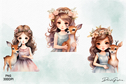 Princess & Deer Watercolor Clipart, an Animal Illustration by danishgraphics (Thumbnail 4 of 5)