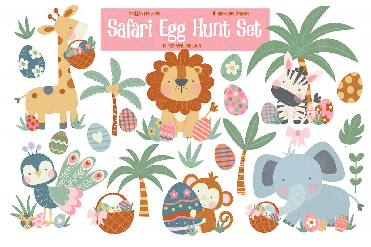 Safari Easter Clipart & paper set, an Animal Illustration by Poppymoondesign (Photo 1 of 5)