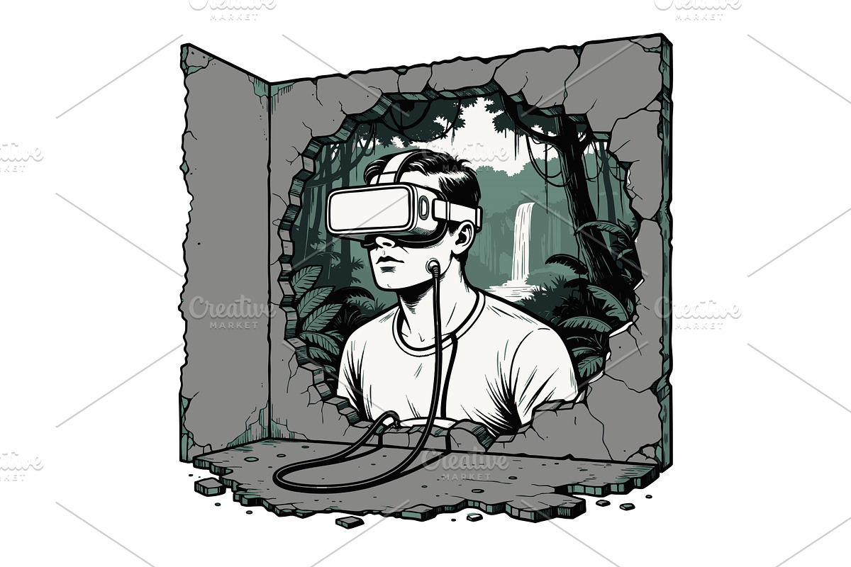Man VR headset escaping decayed, a Person Illustration by AlexArt