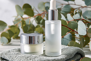 Skincare products with eucalyptus and towels, a Beauty & Fashion Photo by AlyaAnd