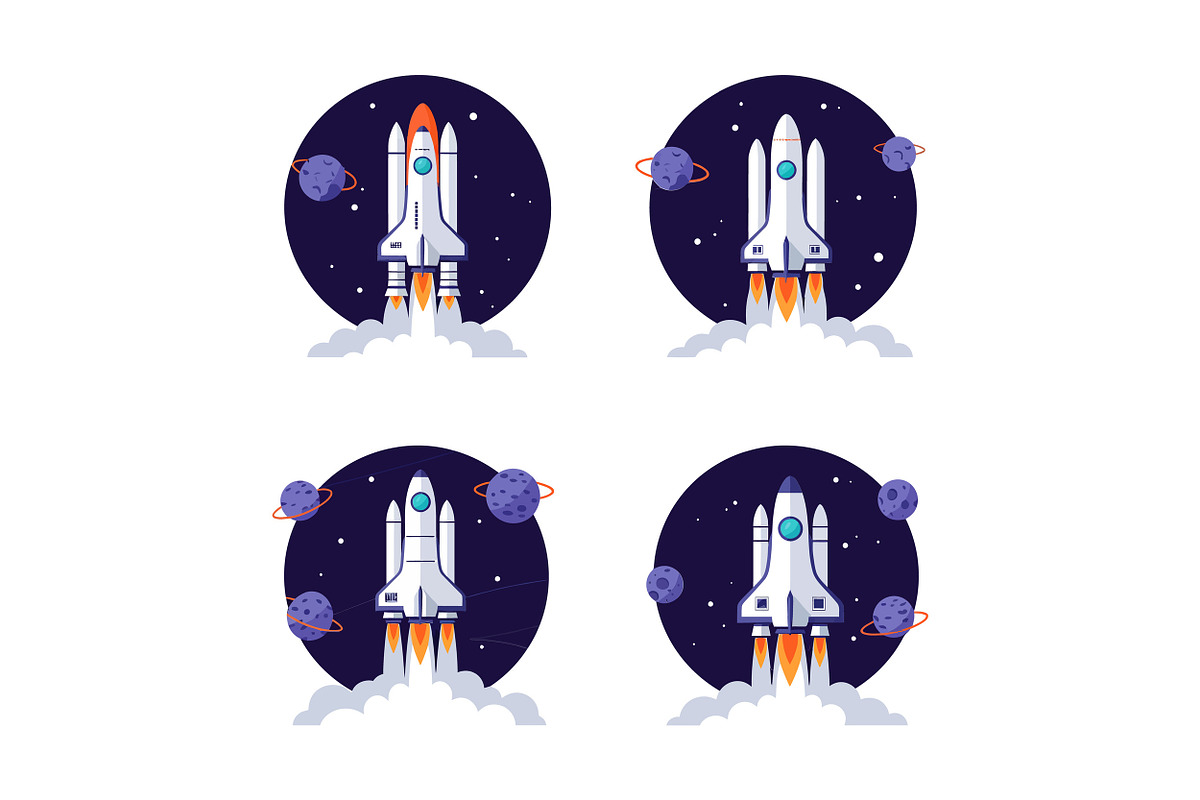 Four rockets launching into space in, an Illustration by designvectx
