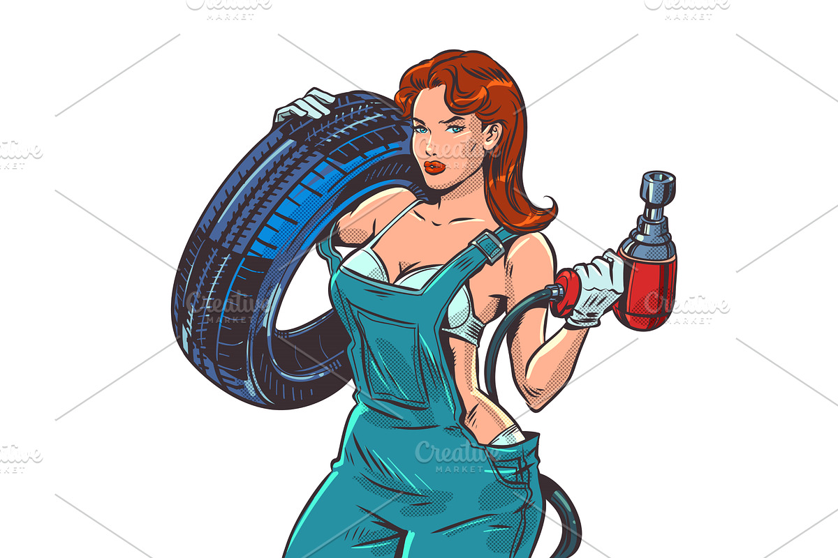 Pop Art Retro A woman in overalls is, a Transportation Illustration by studiostoks