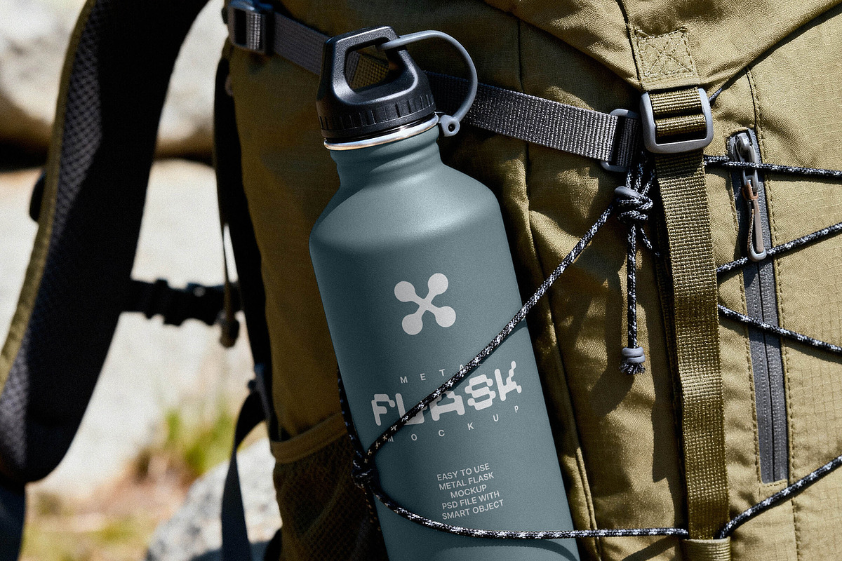Flask Mockup on Hiking Backpack, a Product Mockup by Design Squad (Photo 3 of 4)