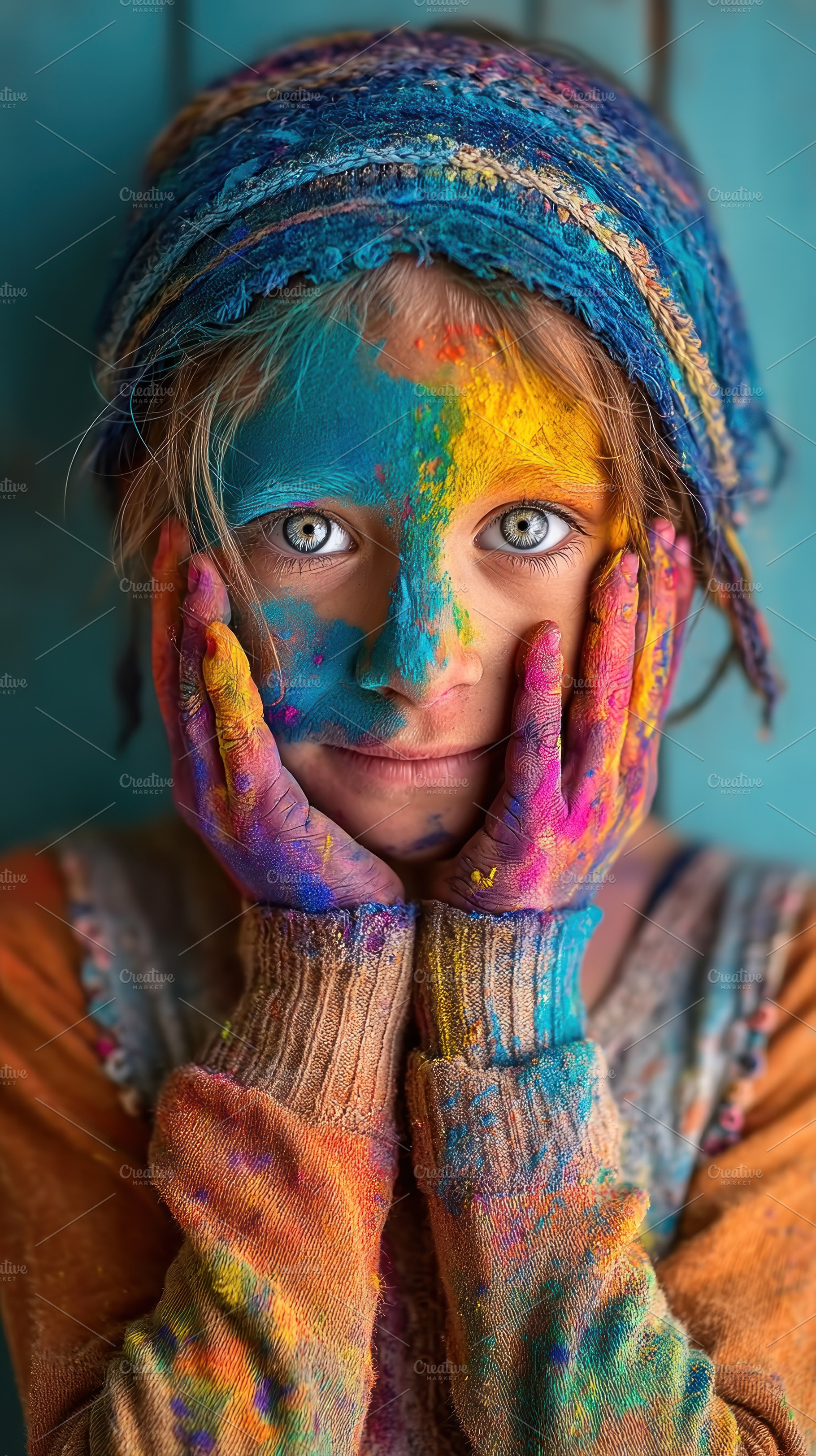 Colorful Holi festival portrait of child with face covered in vi, a Person Photo by José Manuel Gelpi