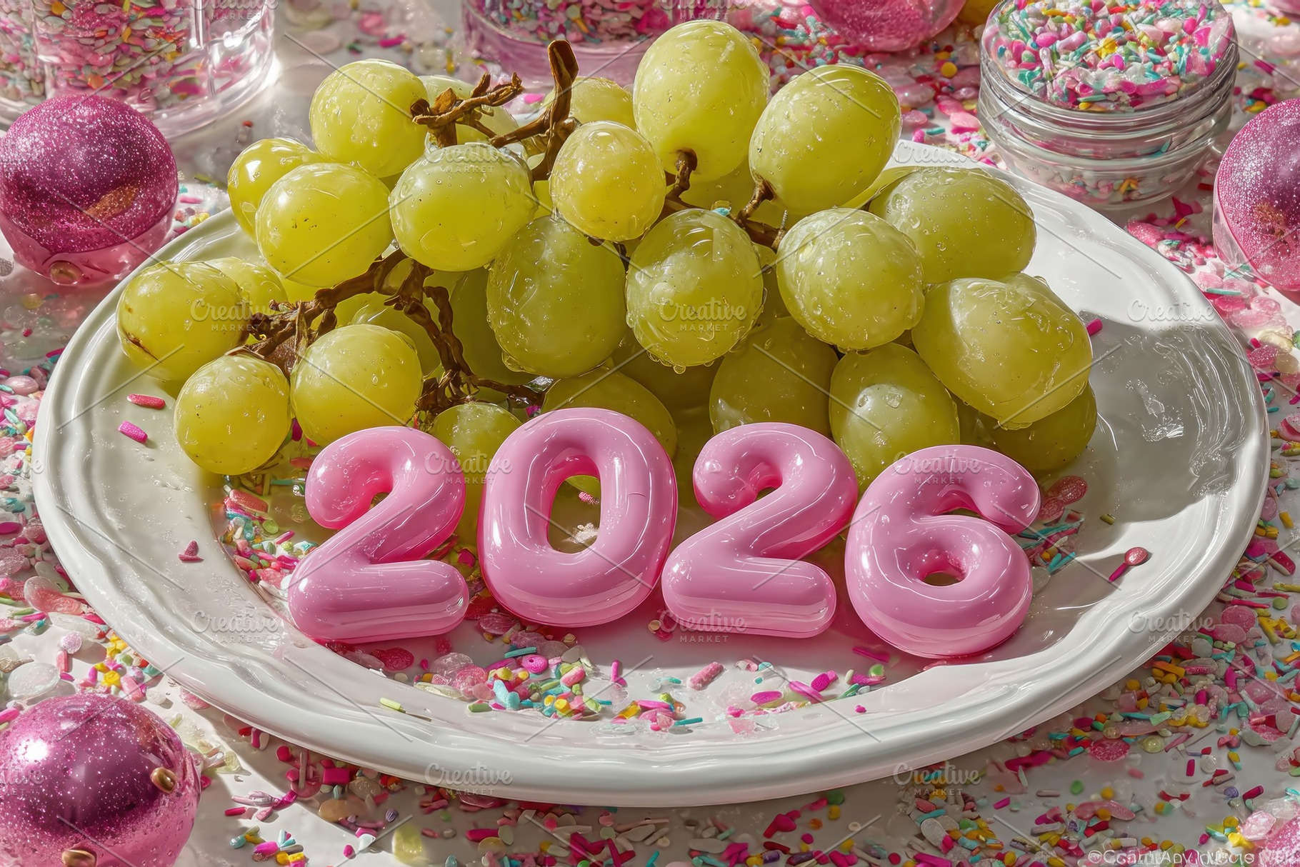 New Year celebration with green grapes, pink 2026 numbers, and c, a Holiday Photo by José Manuel Gelpi