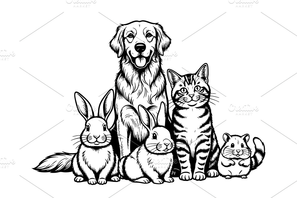 Dog, cat, rabbits, and hamster, an Animal Illustration by yod67