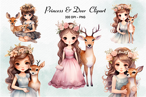 Princess & Deer Watercolor Clipart, an Animal Illustration by danishgraphics