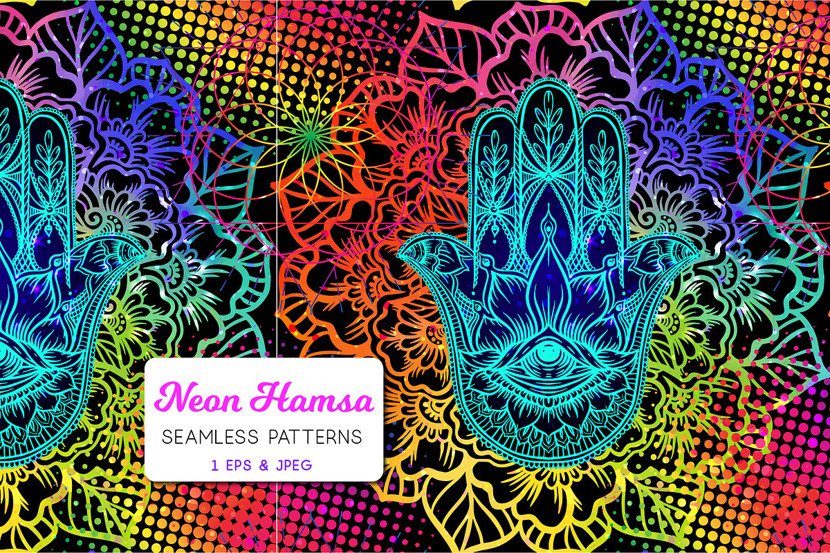 Neon Hamsa Seamless Pattern, a Pattern Graphic by Elen-Lane (Photo 1 of 2)