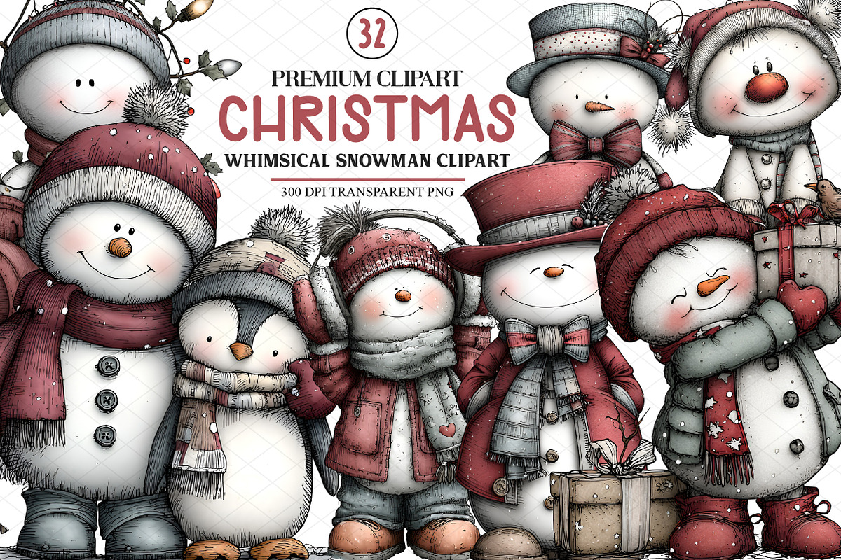 Whimsical Christmas Snowman Clipart, an Illustration by cherrydesign (Photo 1 of 4)