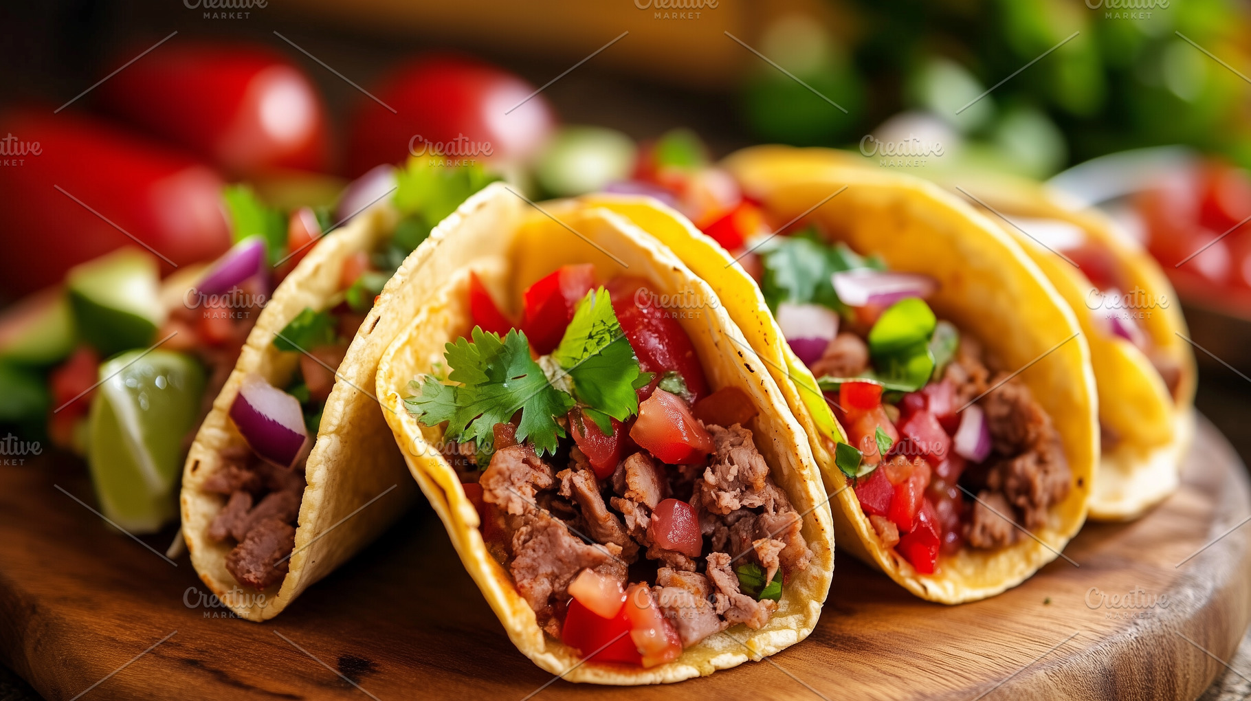 Four soft shell tacos filled with, a Food & Drink Photo by MistyDay
