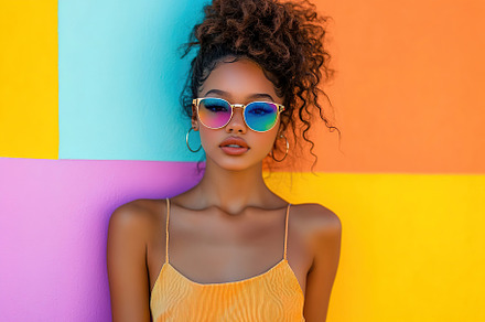 Young woman in a summer outfit stands against a vibrant colored, a Person Photo by AlyaAnd