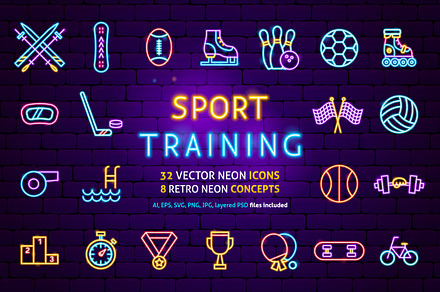 Sport Training Vector Neon Icons Set, an Outline Icon by Anna_leni