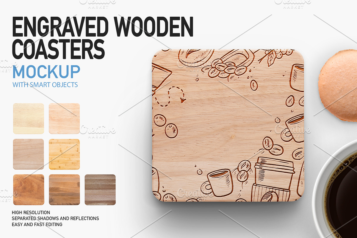 ENGRAVED WOODEN COASTERS MOCKUP, a Product Mockup by Moonlight Creative (Photo 1 of 6)