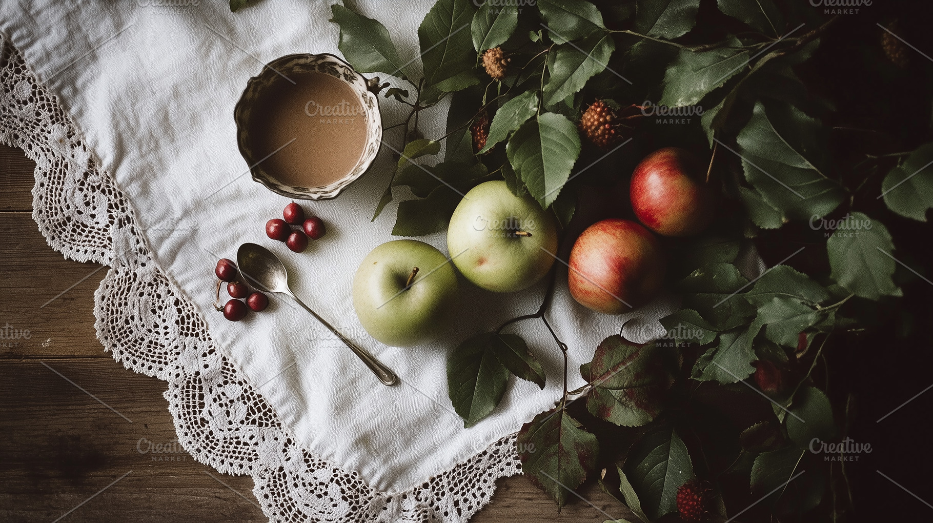 Overhead shot of apples, ripe plums,, a Food & Drink Photo by Imaginarium