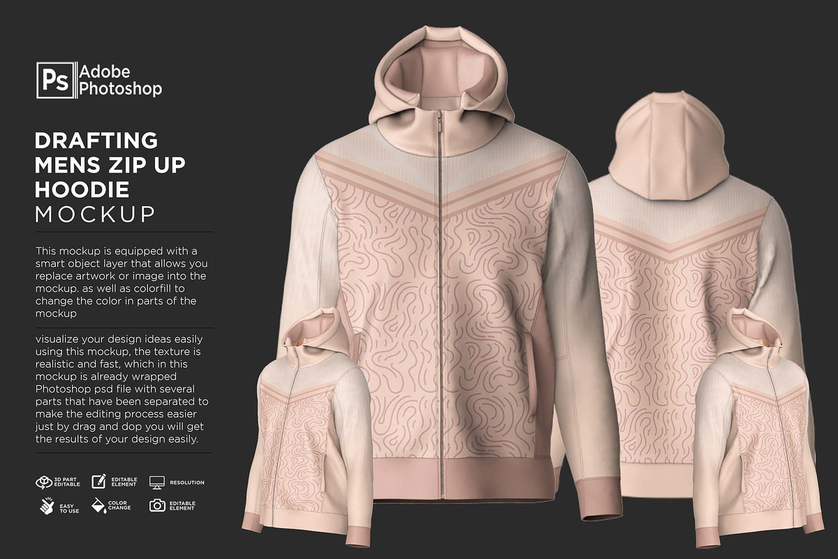 Drafting Mens Zip Up Hoodie Mockup, a Hoody Mockup by Nanggroe Scripting (Photo 1 of 9)