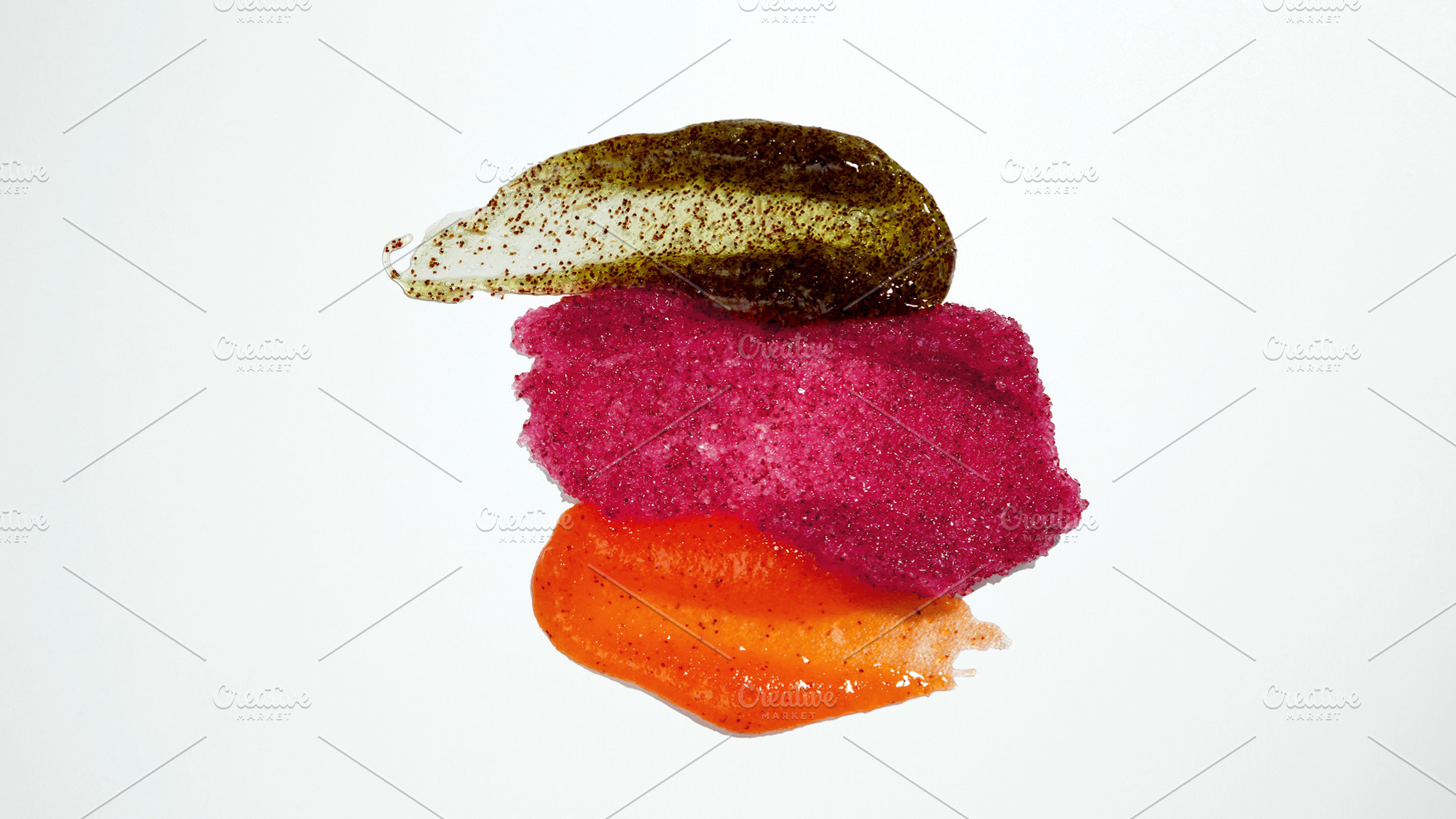 Fruit and berry body scrub texture of swatch. Set smears of body scrub. Cosmeti, a Photo by matucha
