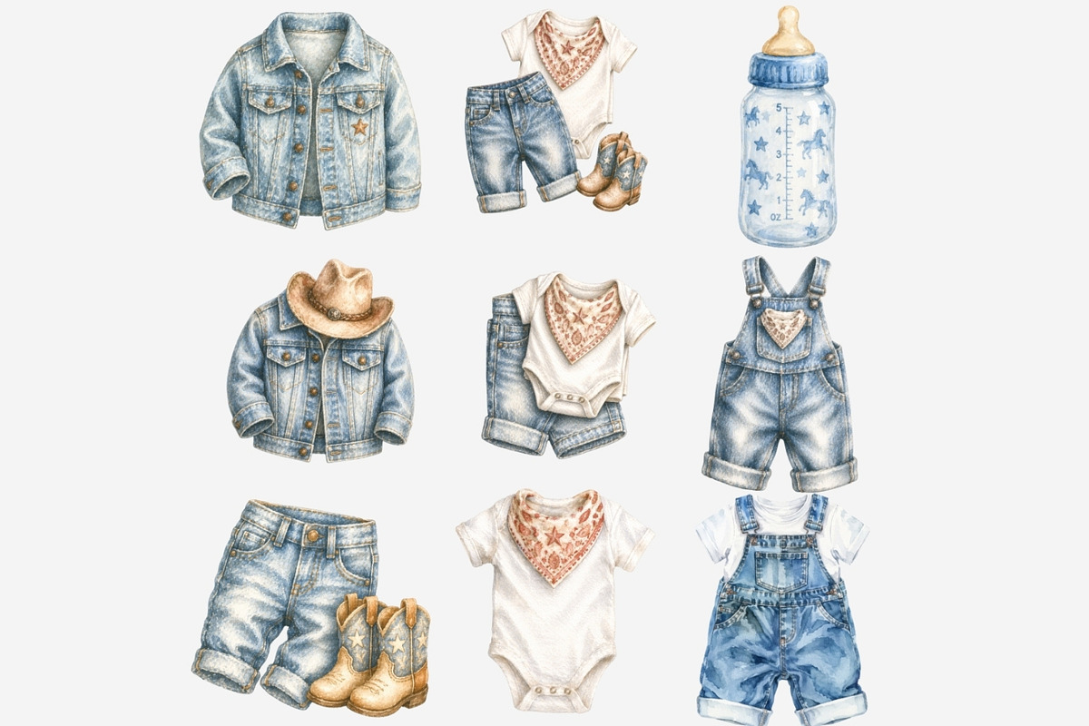 Cowboy Baby Denim Clipart Bundle, a Seasonal Illustration by Tanya Kart (Photo 2 of 6)