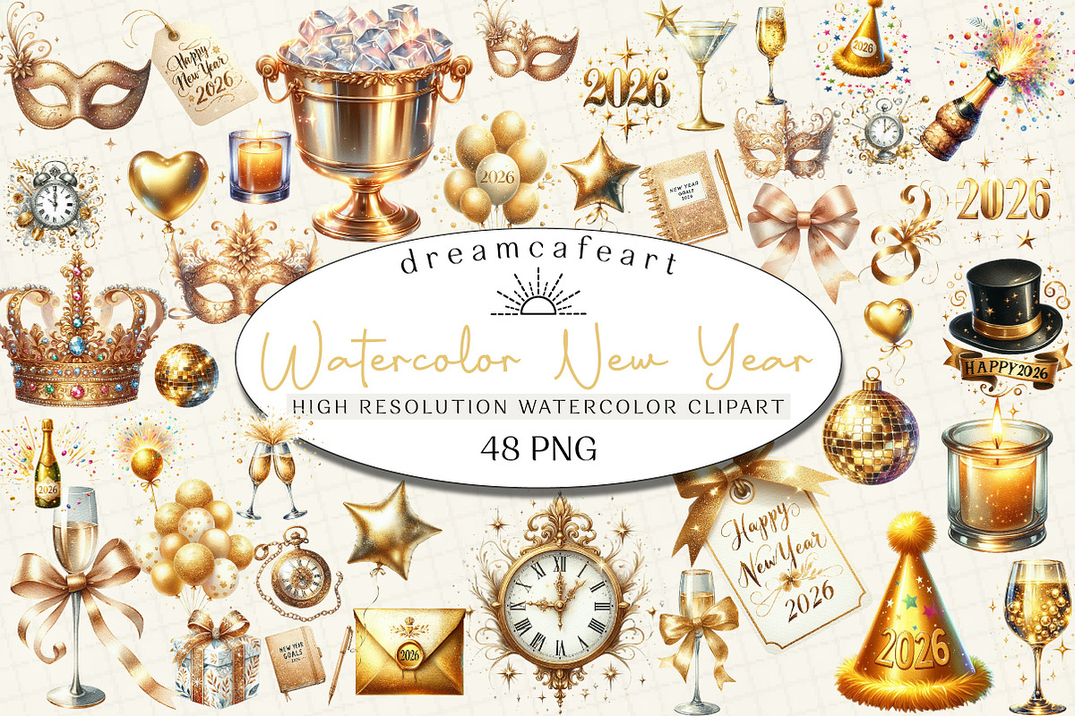 Watercolor New Year ClipArt's, an Illustration by DreamCafeArt (Photo 1 of 6)