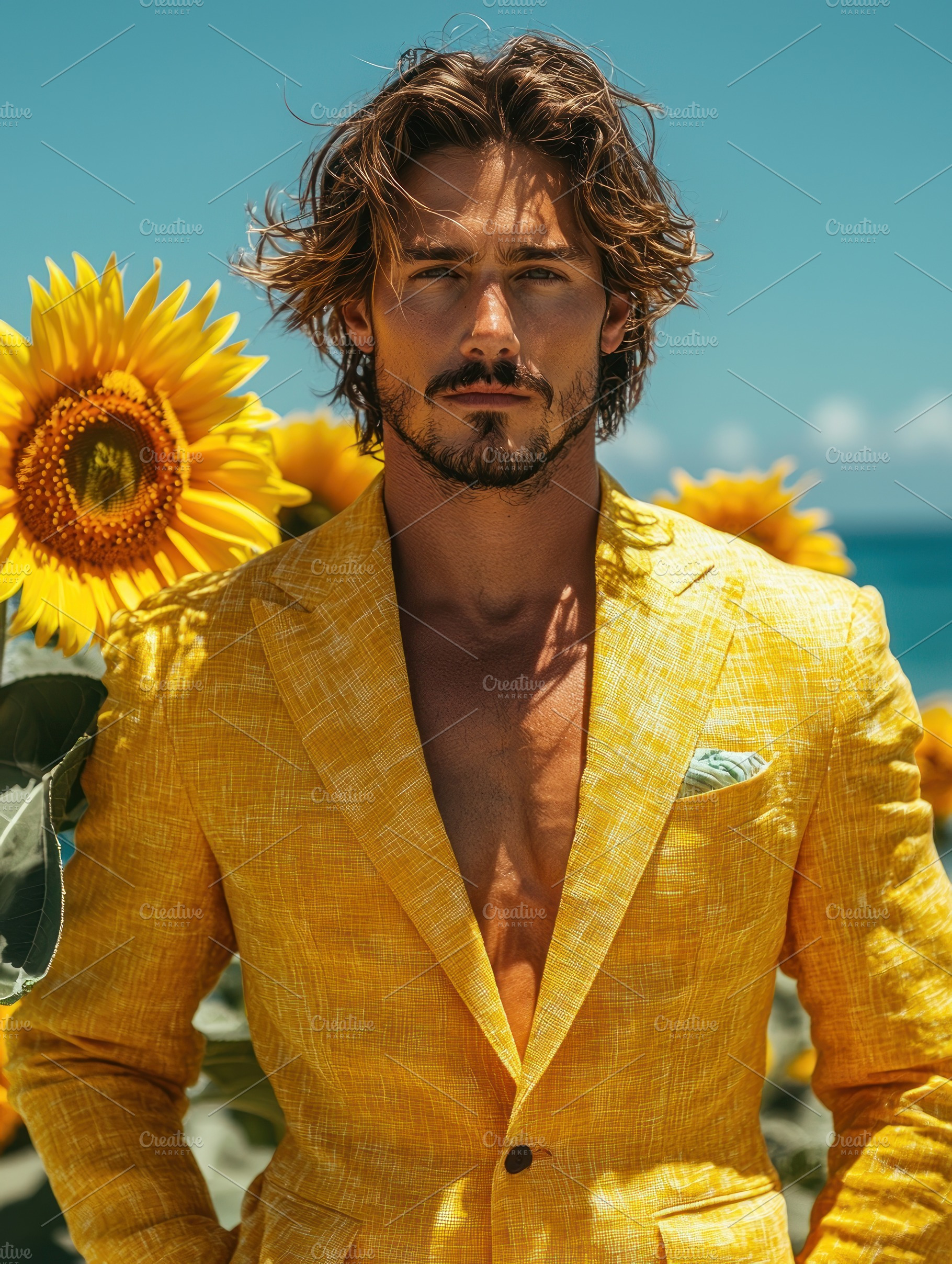 Stylish man with tousled hair and beard in yellow blazer posing, a Person Photo by José Manuel Gelpi