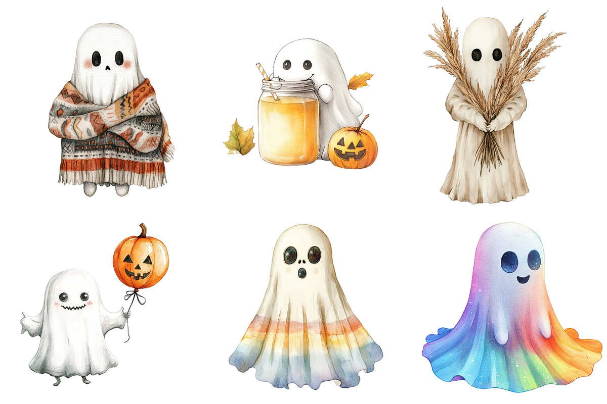 Cute Boho Fall Ghost Watercolor Clip, an Illustration by DreamArtGraphic (Photo 3 of 5)