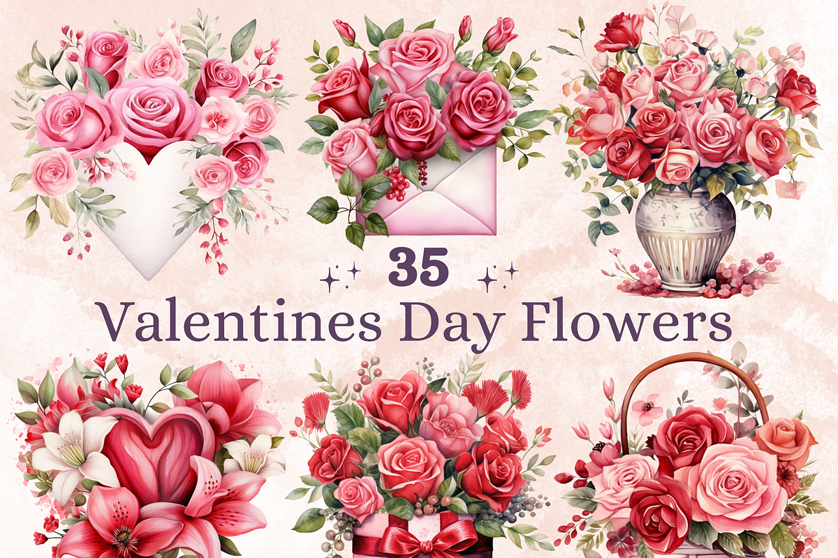 Valentine's Day Flowers Clipart, a Seasonal Illustration by GiraffeCreative (Photo 1 of 9)