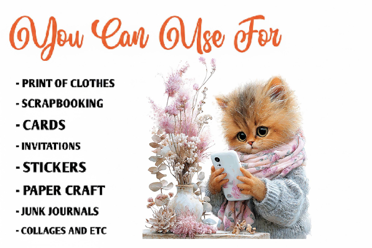 whimsical-boho-selfie-kitten-clipart, a Seasonal Illustration by CreationArt (Photo 5 of 7)