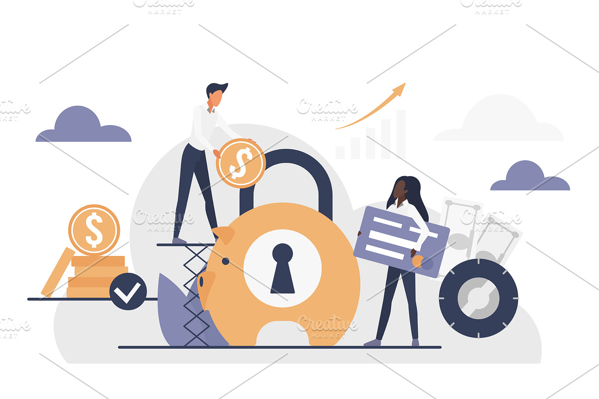 People saving money secure piggy, a Finance Illustration by Lemberg Vector