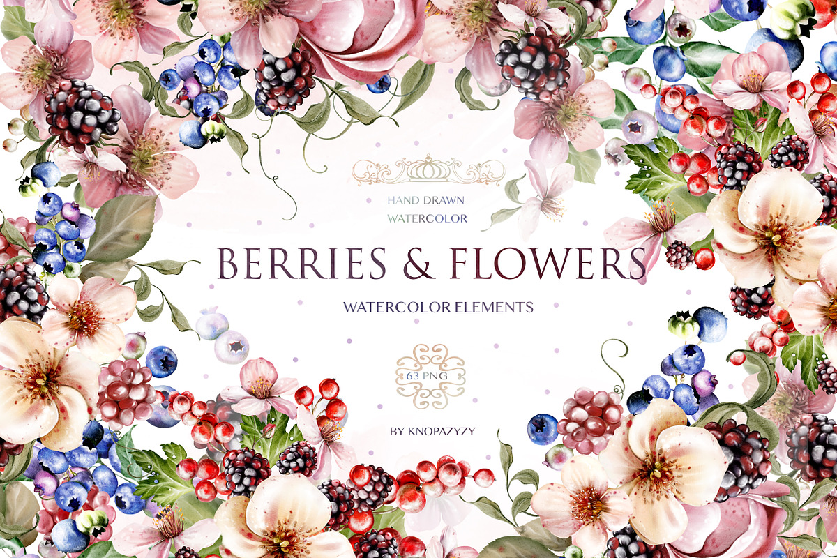 Berries & Flowers Watercolor Element, an Object Graphic by Knopazyzy (Photo 1 of 3)