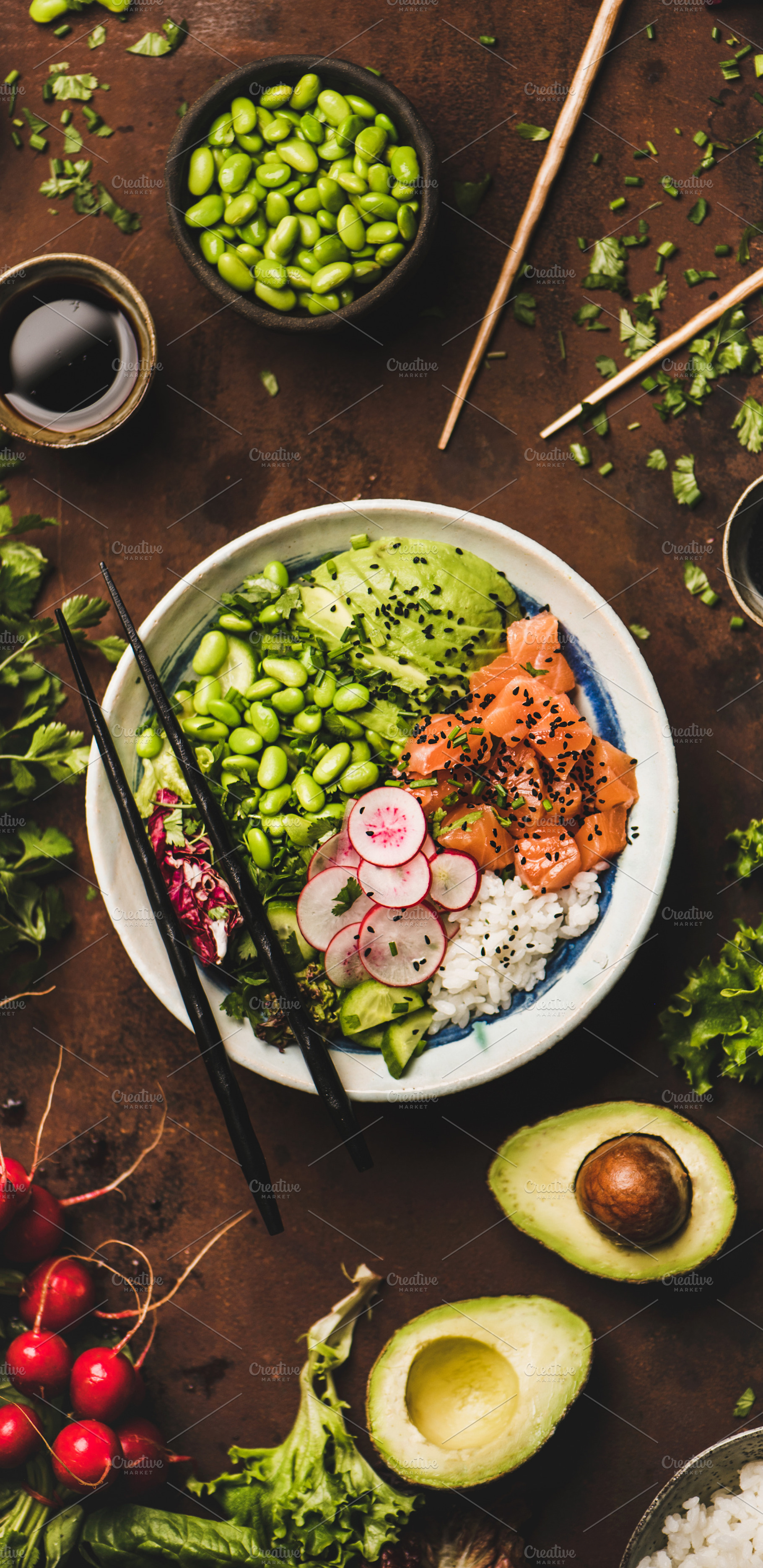 Salmon poke bowl or sushi bowl with featuring food, healthy, and trendy, a Food & Drink Photo by Foxys