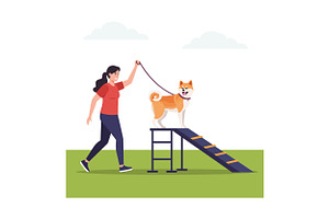 A woman confidently guiding her dog, an Illustration by designvectx