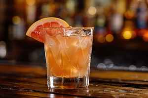 Red grapefruit cocktail in glass on table on blurred bar background, a Food & Drink Photo by AlyaAnd