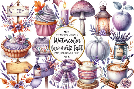 Watercolor Lavender Fall Clipart, an Illustration by OK Design