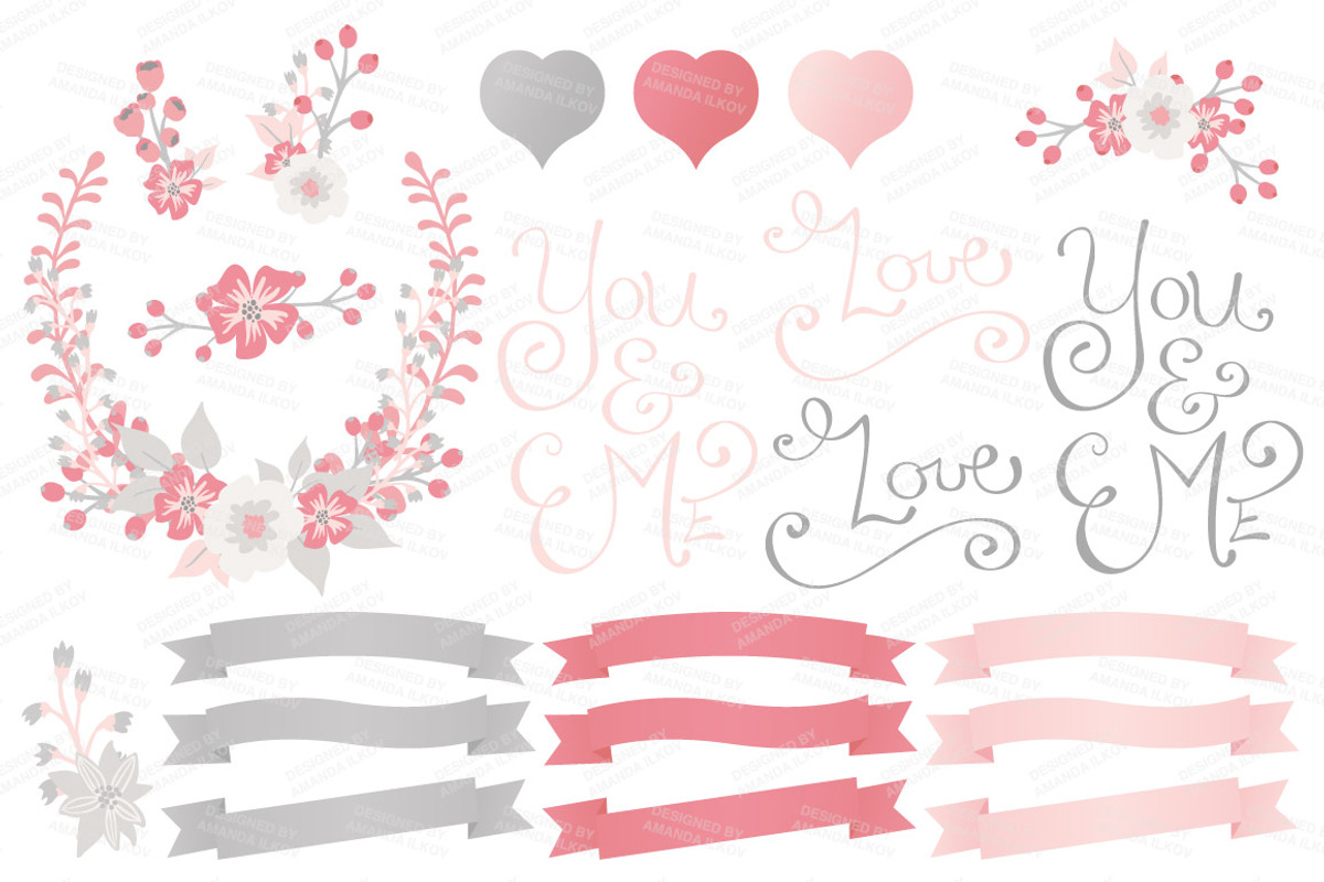 Pink & Grey Floral Heart & Banners, an Illustration by Amanda Ilkov (Photo 4 of 4)