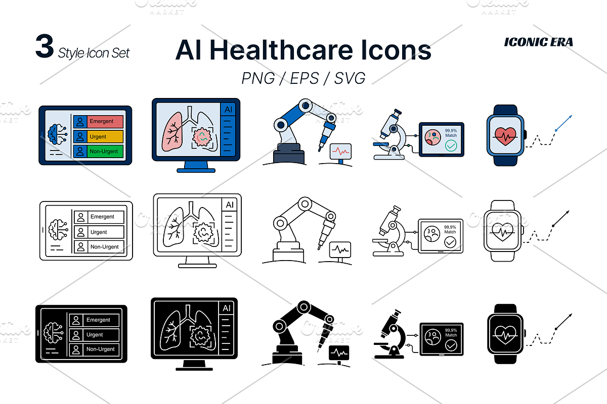 AI Healthcare Icons – 3 Style Set, an Outline Icon by Iconic Era (Photo 1 of 2)