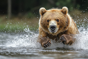 Grizzly bear splashes through river, a Photo by Tanuart