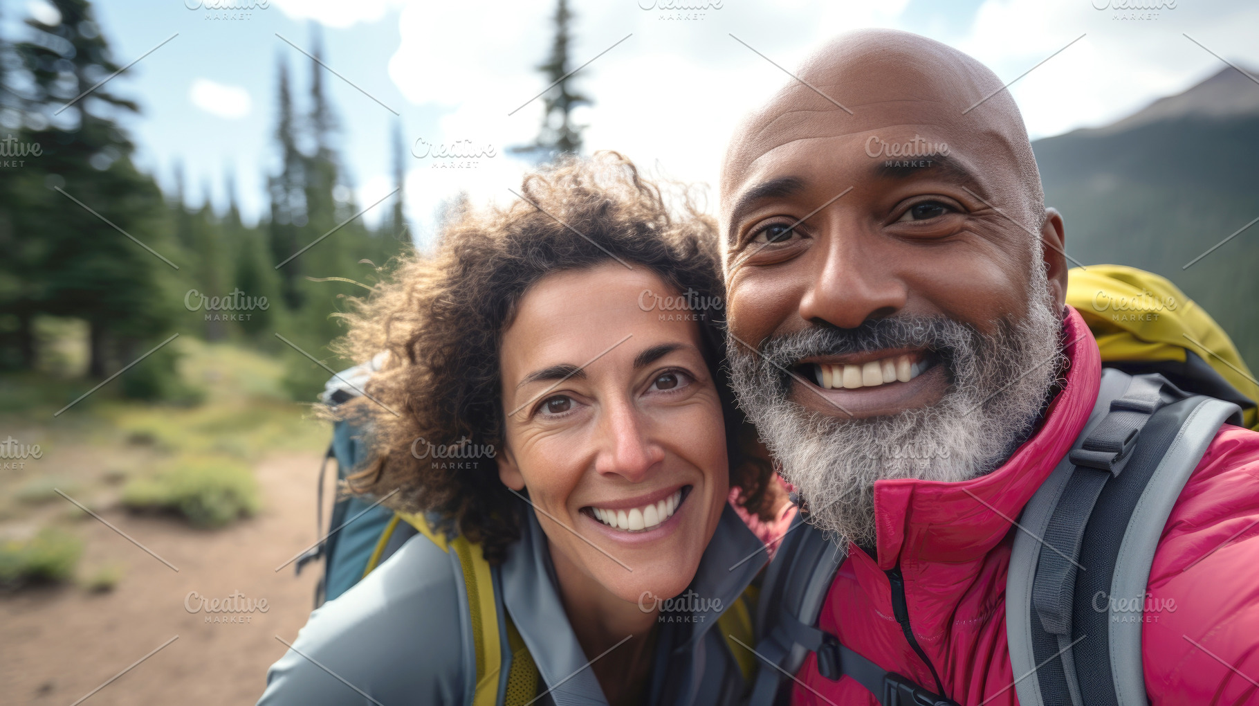 Middle aged couple walking on forest path with backpacks in summ, a Photo by Dvoevnore photos