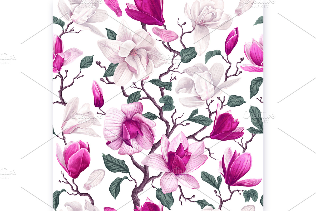 Realistic Seamless Pattern Magnolia, a Pattern Graphic by MarynaPetrovska (Photo 2 of 16)