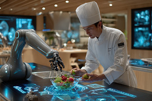 Chef and Robot Prepare Fruit Salad M, a Photo by Pixeness Studio