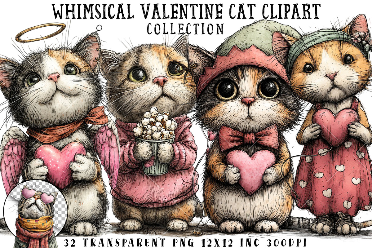 Whimsical Valentine Cat Clipart, an Illustration by OK Design (Photo 1 of 6)