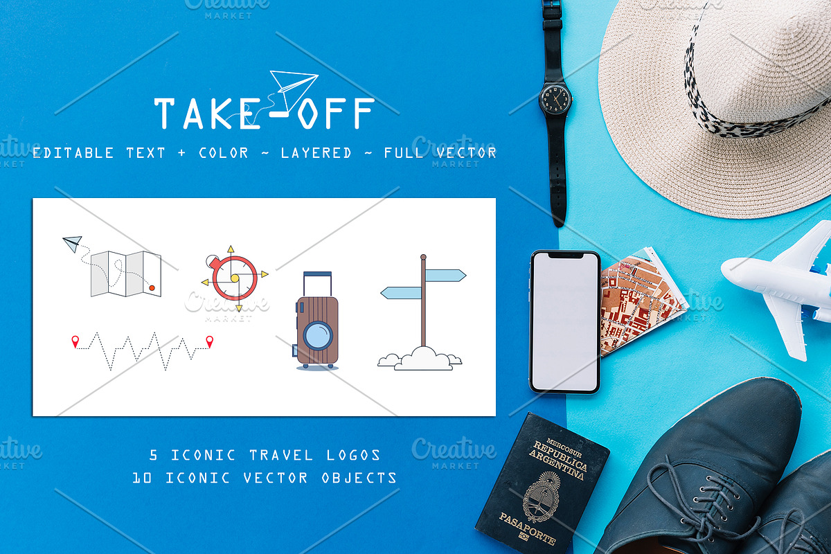 Take-Off. 5 Iconic Travel Logos, a Branding & Logo Template by Cyrah's Collection (Photo 1 of 13)