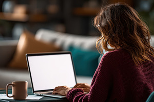 Woman working on laptop at home cozy, a Photo by Pixeness Studio