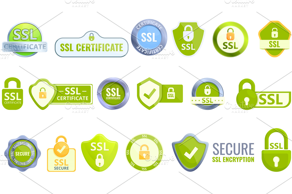 SSL certificate icons set, cartoon, an Object Illustration by Ylivdesign