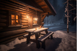 Winter cabin outside evening lights, an Architecture Photo by Ylivdesign