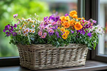 Different spring flowers in wicker basket, a Nature Photo by AlyaAnd
