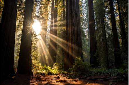 Sunlit Redwood forest trees sun, a Nature Photo by Ylivdesign