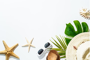 Summer flat lay background on white.