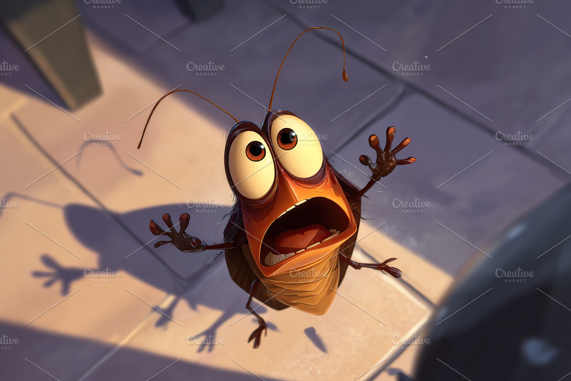 Cockroach expresses shock and fear in a kitchen setting during the daytime, a Photo by AlyaAnd